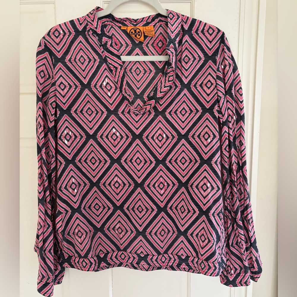 Tory Burch Pink and Blue Long Sleeve Tunic/caftan shirt size 8